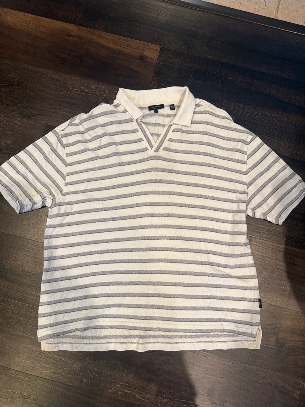Ted Baker Striped Short-Sleeve Sweater Polo Shirt - White & Light Gray- size 5